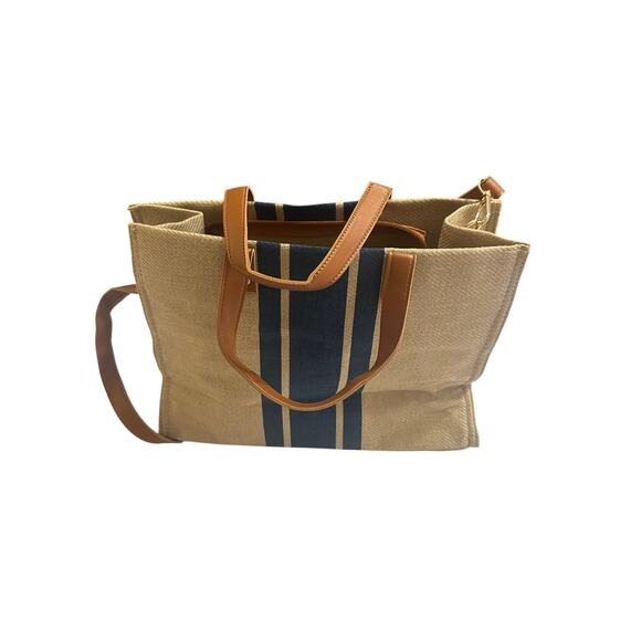 Neutral Woven Tote with Navy Stripe & Faux Leather Handles - Picture 2 of 7